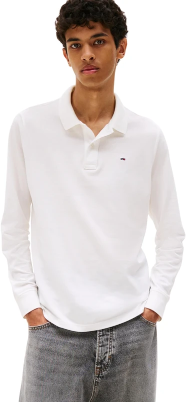 Tommy Jeans Men's Long Sleeve Slim Placket Cotton Polo Shirt, White (Ecru), XS