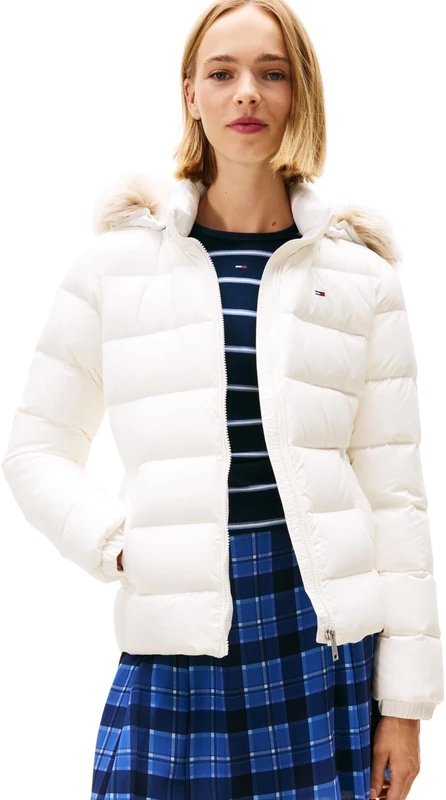 Tommy Jeans Women's Basic Hooded Down Puffer Jacket, White (Ecru), L