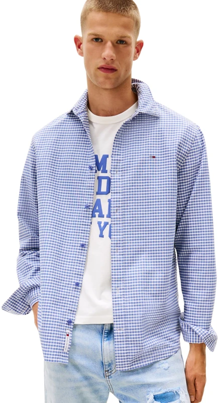 Tommy Jeans Mens TJM Reg Oxford Check Ext Dm0dm22025 L/S Shirt, Blue (Soft Sapphire Check), L UK