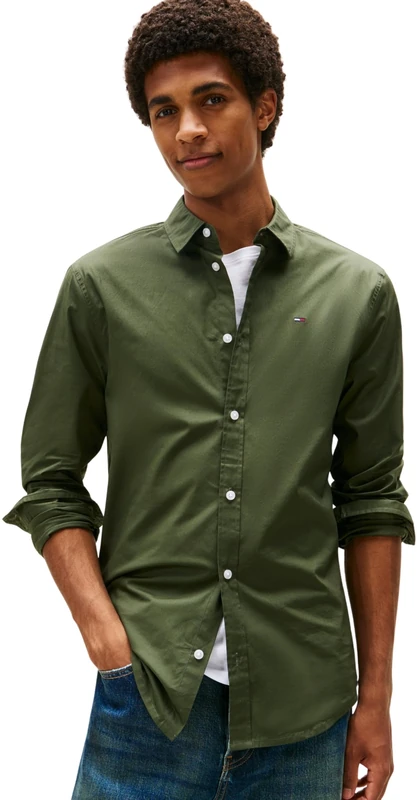 Tommy Jeans Men’s Original Long Sleeve Stretch Shirt, Green (Pewter Green), S