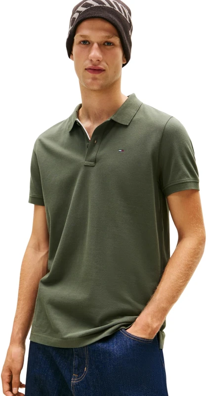 Tommy Jeans Men’s Short Sleeve Slim Fit Placket Polo Shirt, Green (Pewter Green), XS