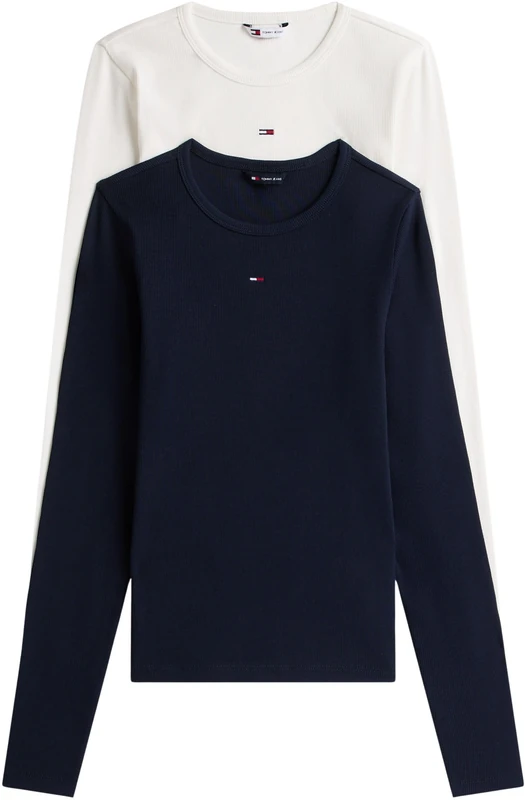 Tommy Jeans Women's 2 Pack Slim Essential Rib Round Neck Long Sleeve Tops, Multicolor (Ecru/Dark Night Navy), XXL