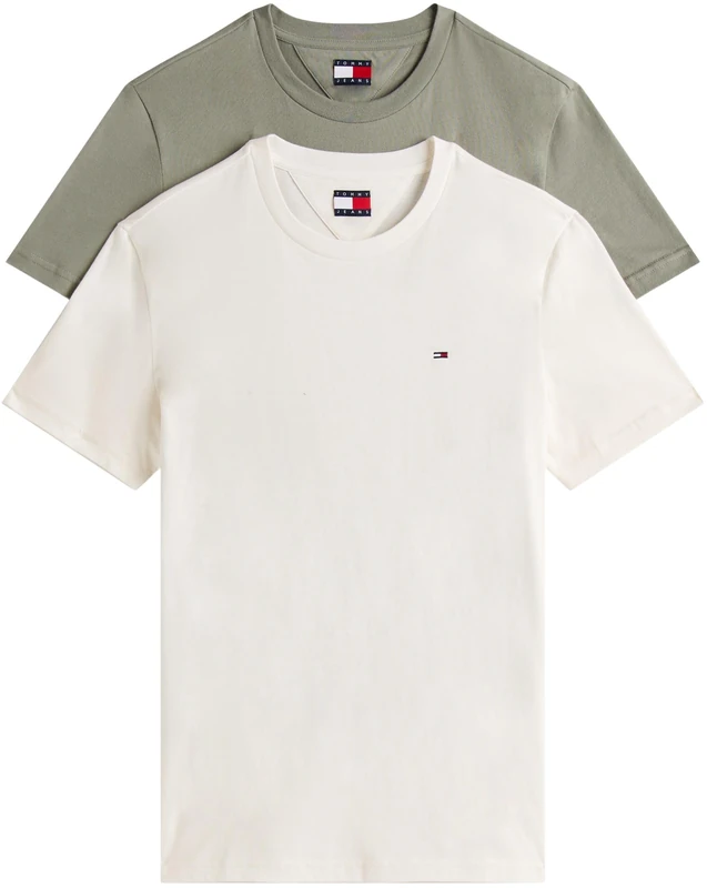 Tommy Jeans Men’s 2 Pack Extra Slim Cotton Jersey Short Sleeve T-Shirts, Multicolor (Ecru/Utility Sage), XS