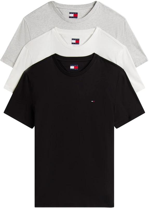 Tommy Jeans Men’s 3 Pack Short Sleeve Cotton T-Shirts, Multicolor (Black/Lt Grey HTR/Ecru), XS