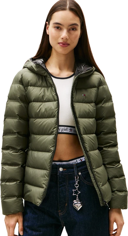 Tommy Jeans Women's TJW SLIM HOOD PRNT DOWN JCKT EXT DW0DW21617, Green, L