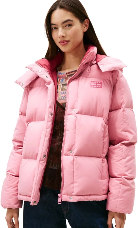 Tommy Jeans Women's Alaska Grid Down Puffer Jacket with Hood, Pink (Mystic Pink), 1XL