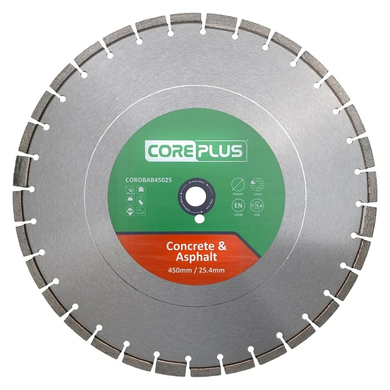 CorePlus Concrete & Asphalt Diamond Blade 450mm x 25mm Bore – Abrasive Blade for Concrete, Gritstone, Breeze Blocks & Hard Materials, EN 13236 Quality Standard