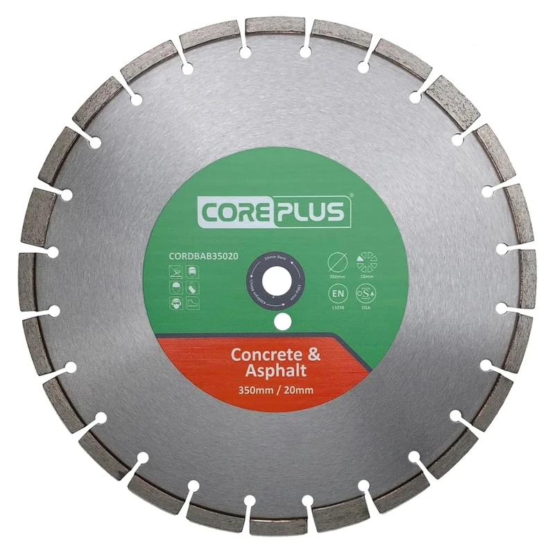 CorePlus Concrete & Asphalt Diamond Blade 350mm x 20mm Bore – Abrasive Blade for Concrete, Gritstone, Breeze Blocks & Hard Materials, EN 13236 Quality Standard