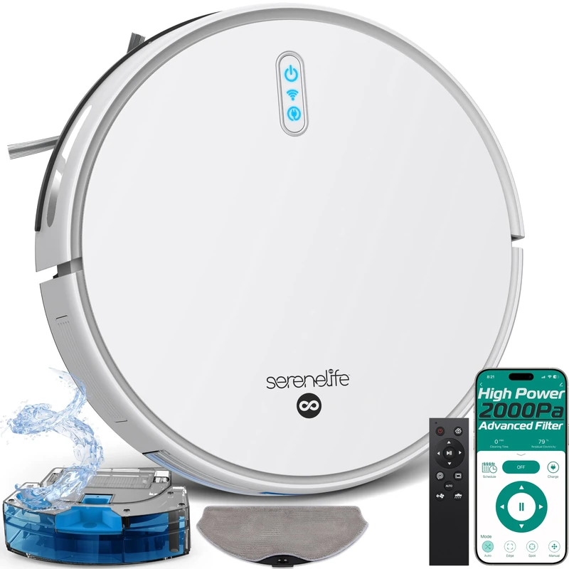 SereneLife Robot Vacuum Cleaner and Mop, Automatic Smart Vacuum with App Control, 3000Pa Powerful Suction, 3 Cleaning Modes, Auto Recharge, Dual Side Brushes, For Floor, Carpets & Pet Hair - White