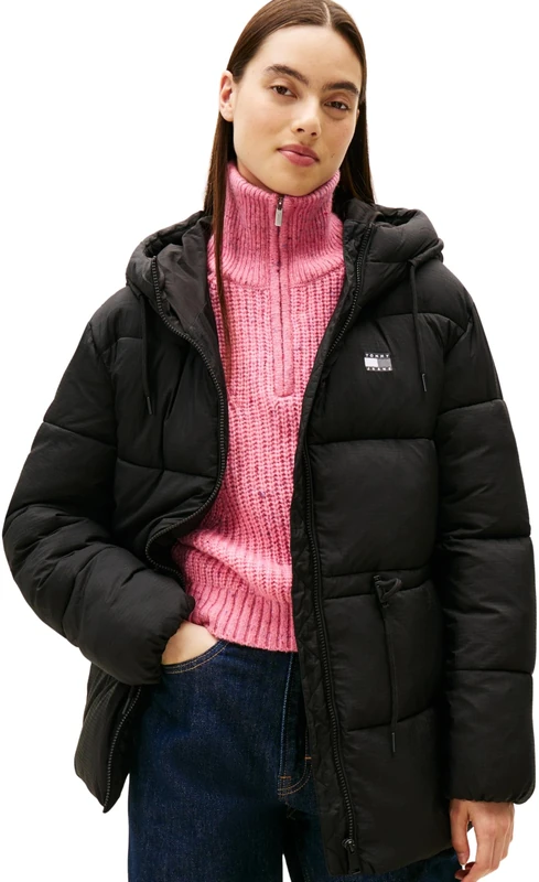 Tommy Jeans Women’s Midi Puffer Jacket with Hood, Black (Black), L
