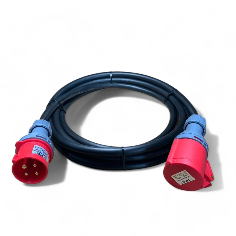 3 Phase 32A 4 Pin 415V IP44 Extension Lead 5m – IEC 60309 3P+E Red – H07RN-F Heavy Duty Rubber Cable – PAT Tested (5 Metre)
