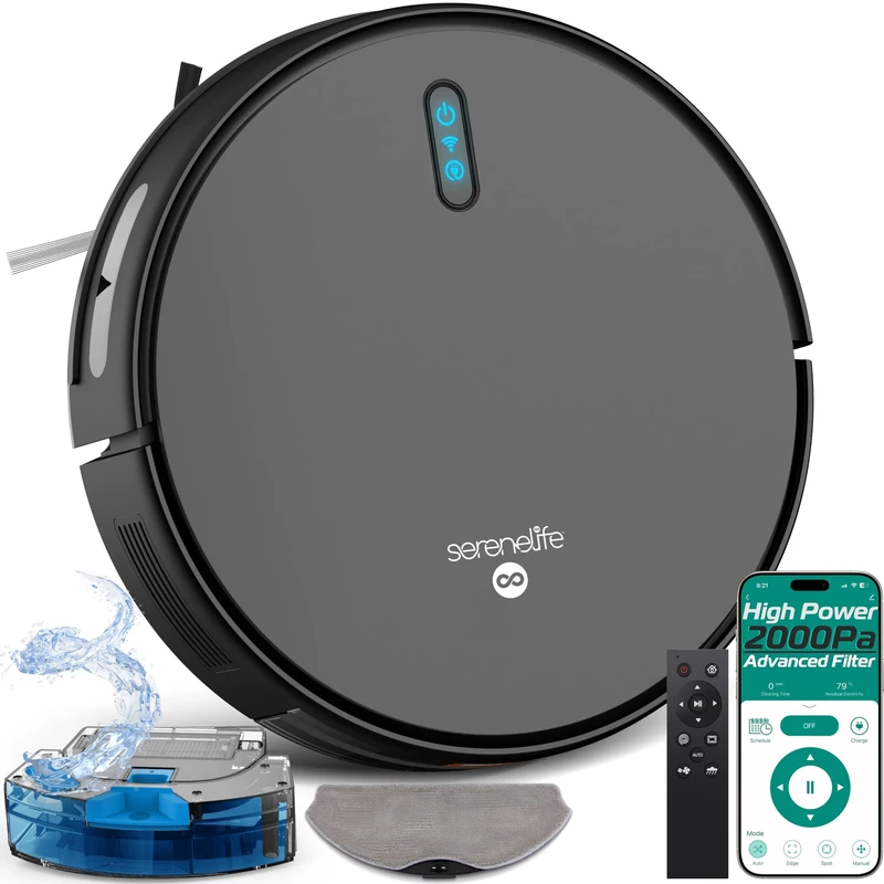 SereneLife Robot Vacuum Cleaner and mop Automatic Smart Vacuum with App Control, 3000Pa Powerful Suction, 3 Cleaning Modes, Auto Recharge, Dual Side Brushes, For Floor, Carpets & Pet Hair - Black