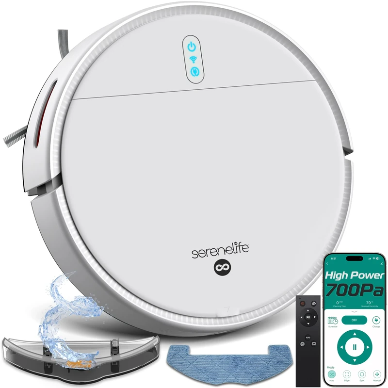 SereneLife Robot Vacuum Cleaner and Mop, Automatic Smart Vacuum with App Control, Powerful Suction, 3 Cleaning Modes, Auto Recharge, Dual Side Brushes, For Floors, Carpets & Pet Hair - White