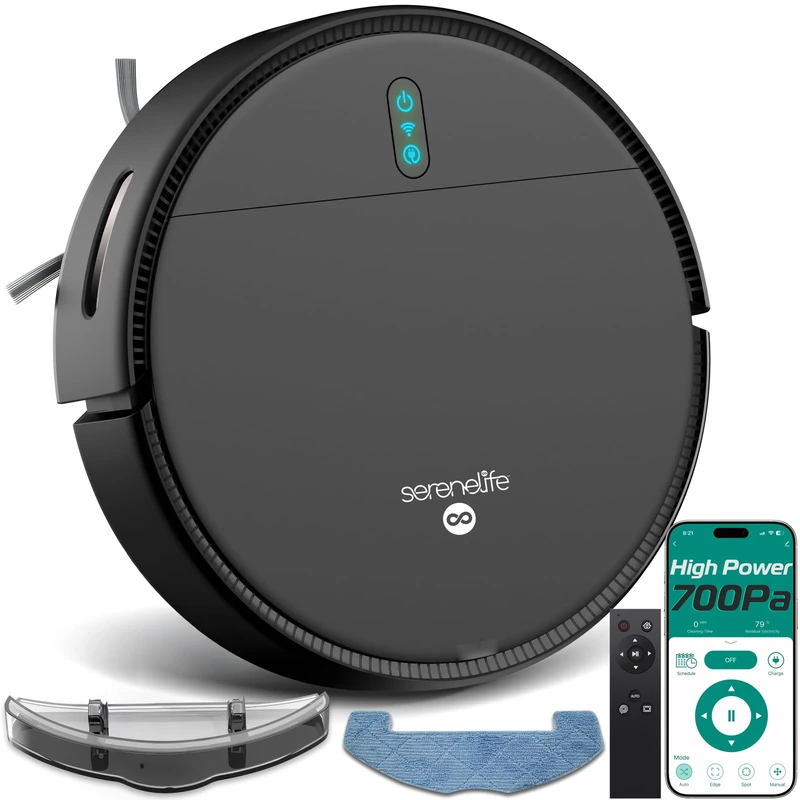 SereneLife Robot Vacuum Cleaner and Mop, Automatic Smart Vacuum with App Control, Powerful Suction, 3 Cleaning Modes, Auto Recharge, Dual Side Brushes, For Floors, Carpets & Pet Hair - Black