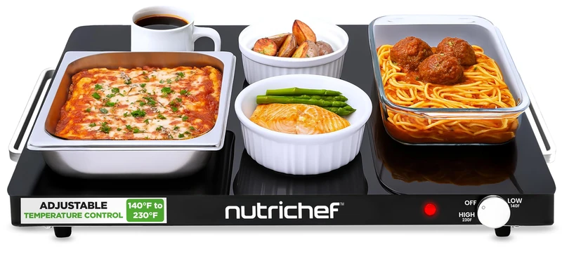 NutriChef Electric Food Warming Tray - Adjustable temperature, Sleek Glass Surface, Energy Efficient & Space Saving, Ideal for Buffets, Restaurants, and Events, 23.23x 17.32x 0.22 IN (Black)