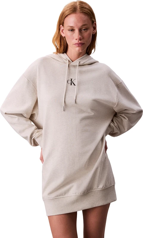 Calvin Klein Women's Premium Terry Longline Hoodie, Beige (Vanilla Heather), XS