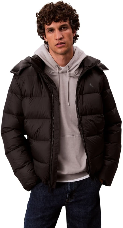 Calvin Klein Men’s Nylon Zip Off Puffer Jacket with Hood, Black (Black), XL