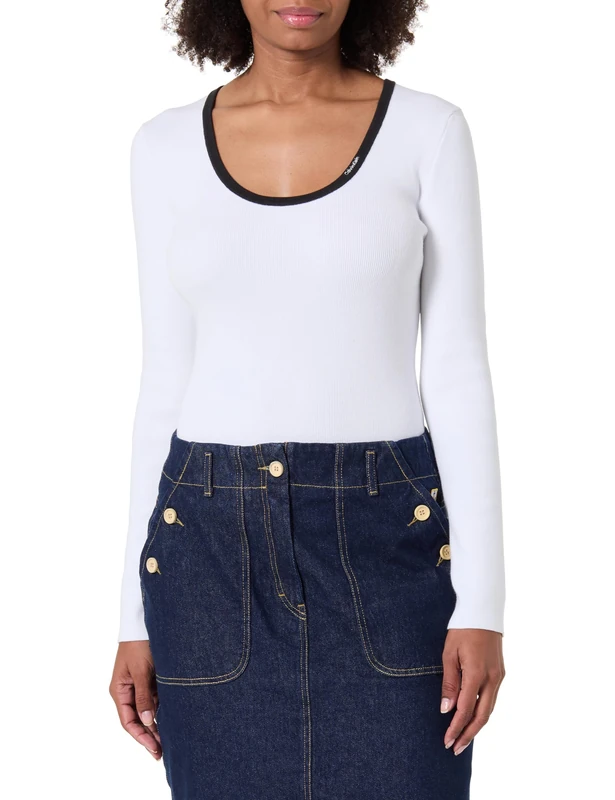 Calvin Klein Jeans Women's LS Color Blocked Cotton Sweater LV044D360G Sweaters, Black (Black), XL