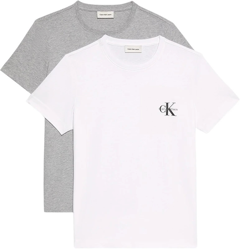 Calvin Klein Women’s 2 Pack Short Sleeve Round Neck Logo T-Shirts, Multicolor (Heroic Grey Heather/Brilliant WHI), S