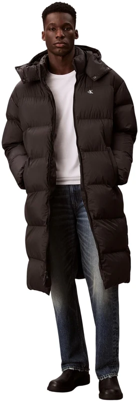 Calvin Klein Men’s Long Nylon Down Coat with Hood, Black (Black), XXL