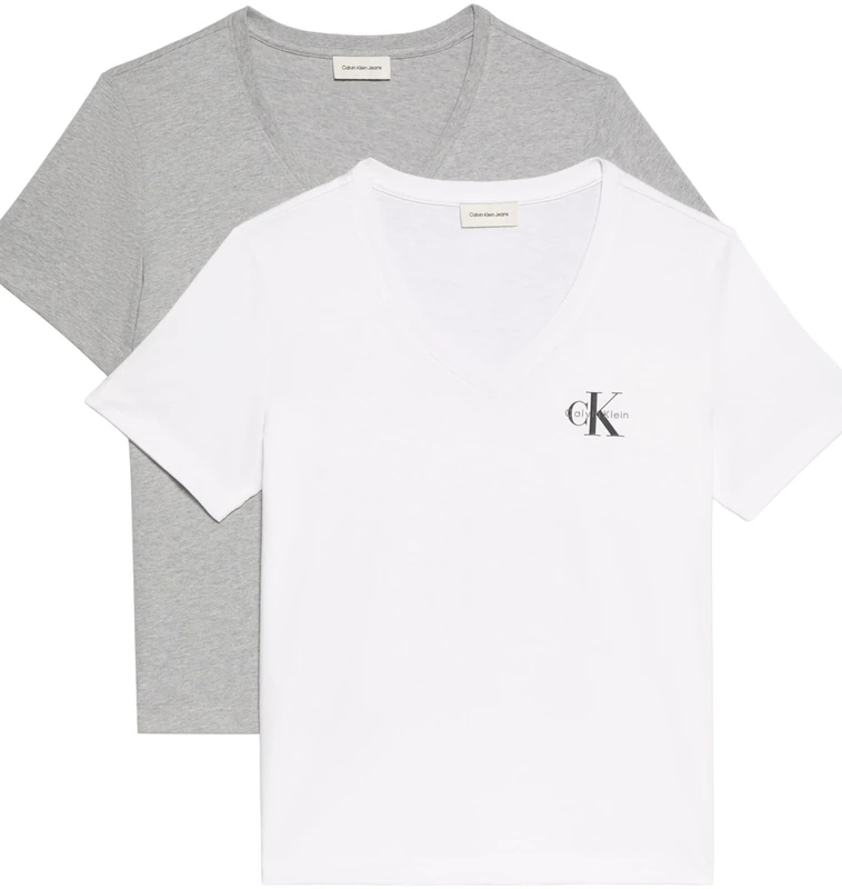 Calvin Klein Women’s 2 Pack Short Sleeve V-Neck Logo T-Shirts, Multicolor (Heroic Grey Heather/Brilliant WHI), L