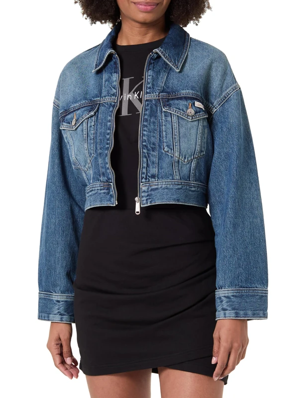 Calvin Klein Women’s Cropped Denim Jacket with Zip, Blue (Cold Springs), L