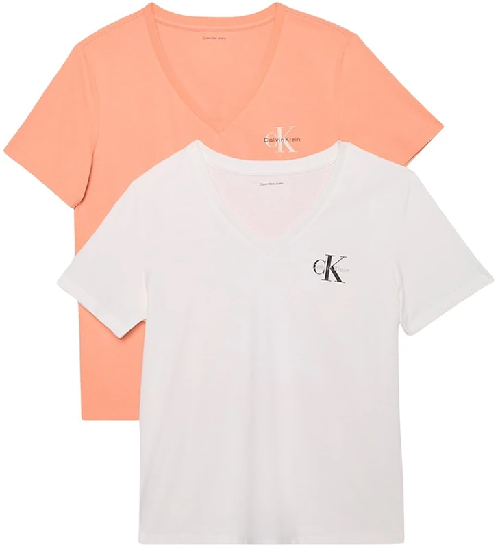 Calvin Klein Women’s 2 Pack Short Sleeve V-Neck Logo T-Shirts, Multicolor (Just Peach/Brilliant White), L