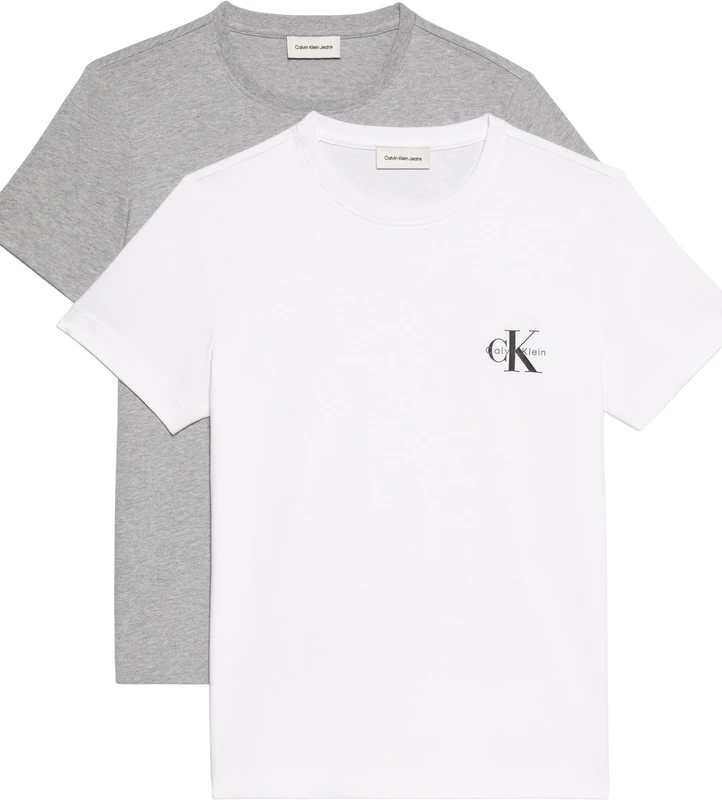 Calvin Klein Women’s 2 Pack Short Sleeve Round Neck Logo T-Shirts, Multicolor (Heroic Grey Heather/Brilliant WHI), XL - Image 1