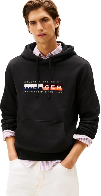 Tommy Hilfiger Men’s Colour Block Graphic Hoodie with Logo, Black (Black), L