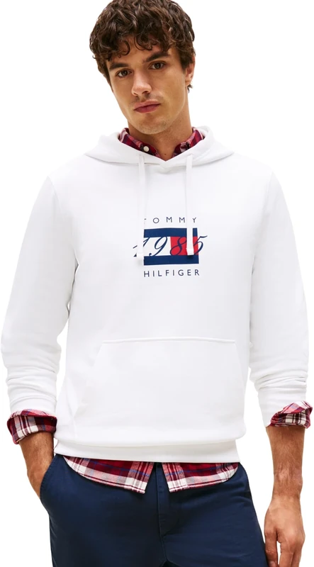 Tommy Hilfiger Men’s Linear Flag Graphic Cotton Hoodie, White (White), XXL