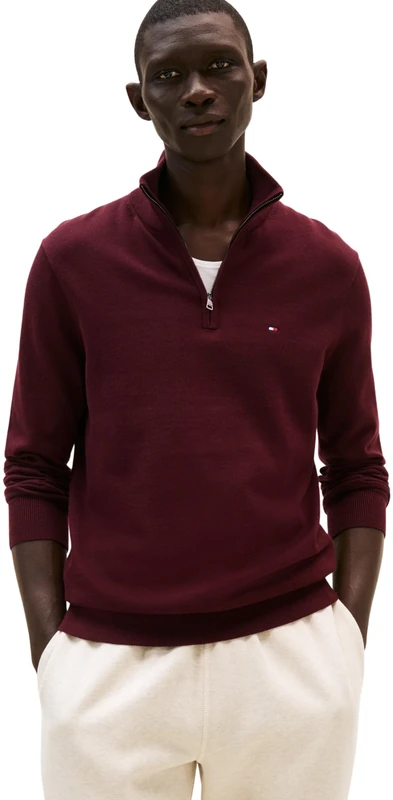 Tommy Hilfiger Men’s Essential Cotton Half Zip Jumper, Red (Deep Burgundy), L