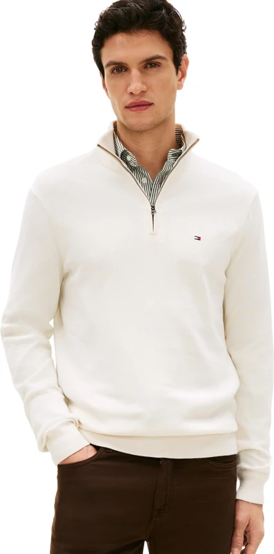 Tommy Hilfiger Men’s Essential Cotton Half Zip Jumper, Off-White (Ivory Petal), L