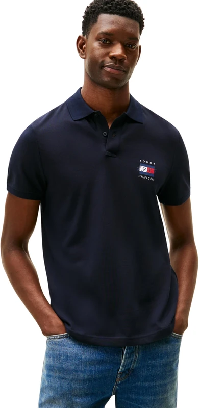Tommy Hilfiger Men’s Short Sleeve Flag Graphic Pique Regular Fit Polo Shirt, Blue (Desert Sky), XL