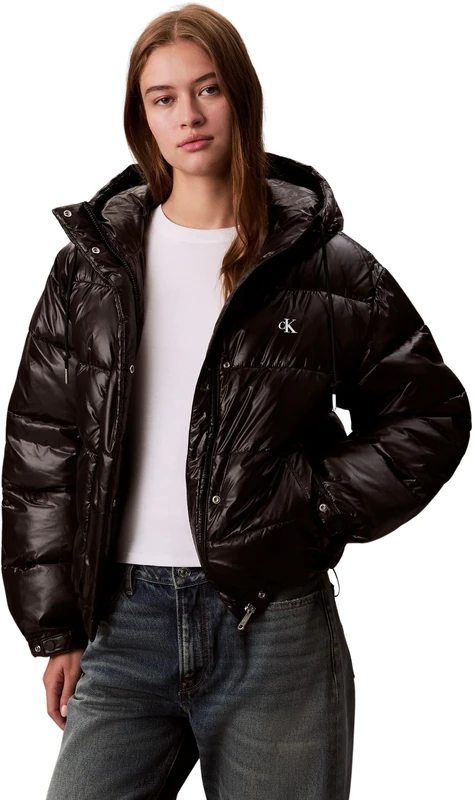 Calvin Klein Women’s Shine Puffer Jacket with Hood, Black (Black), XL