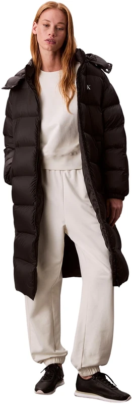 Calvin Klein Women’s Essential Mid Weight Long Puffer Jacket with Hood, Black (Black), L