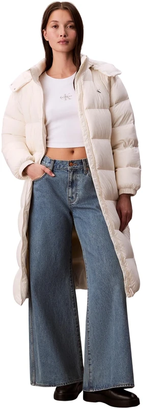 Calvin Klein Women’s Essential Mid Weight Long Puffer Jacket with Hood, Off-White (Jet Stream), XL