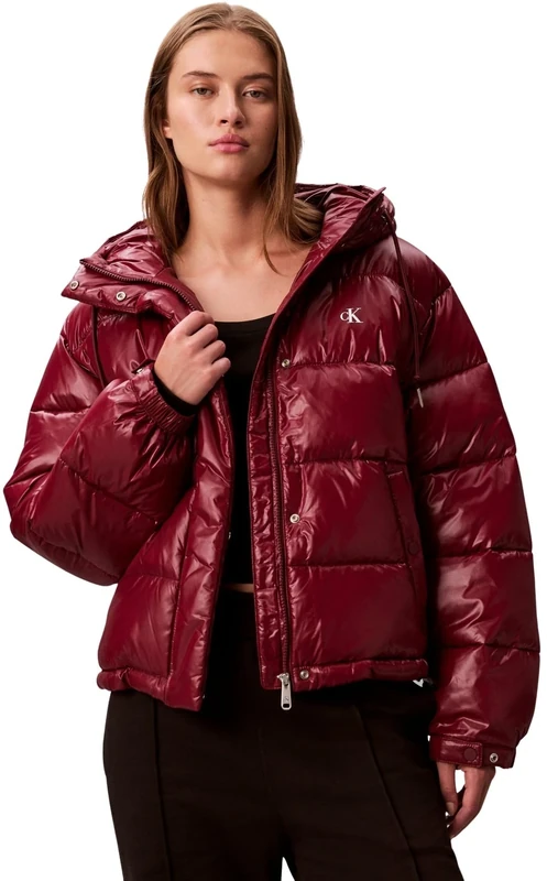 Calvin Klein Women’s Shine Puffer Jacket with Hood, Red (Tawny Port), S