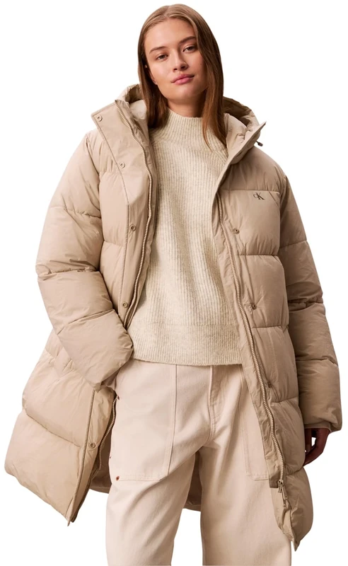 Calvin Klein Women’s Belted Mid Weight Long Down Coat, Off-White (Island Fossil), M