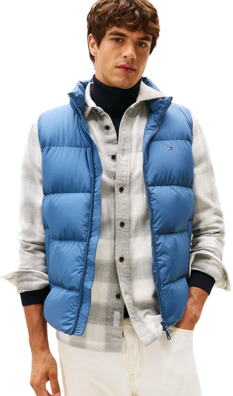 Tommy Hilfiger Men’s Down Gilet with Stand Collar, Blue (Aegean Sea), L
