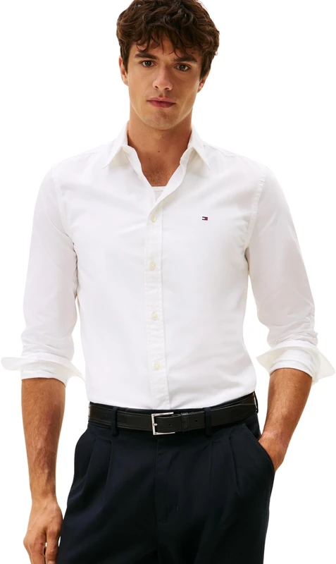 Tommy Hilfiger Men’s Flex Poplin Kent Collar Slim Fit Shirt, White (White), XS
