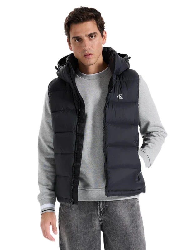 Calvin Klein Jeans Men's LS NYLON ZIP OFF HOOD DOWN PUFFE LV04RD531G Vest, Black (Black), XXL