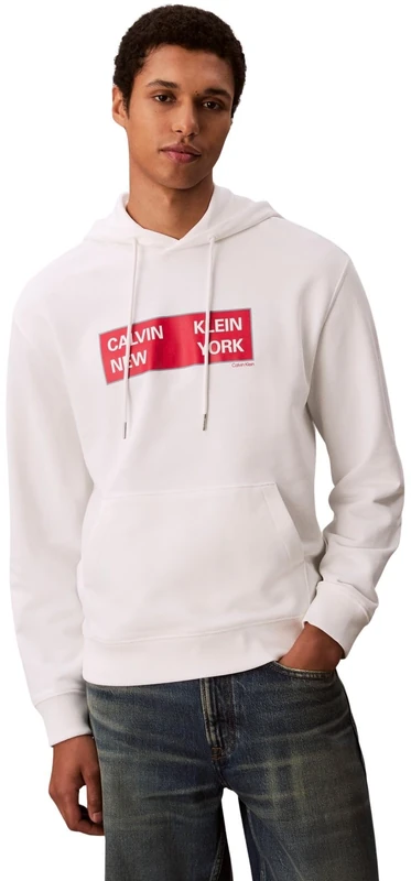 Calvin Klein Men’s Terry Box Graphic Regular Fit Hoodie, White (Bright White), M