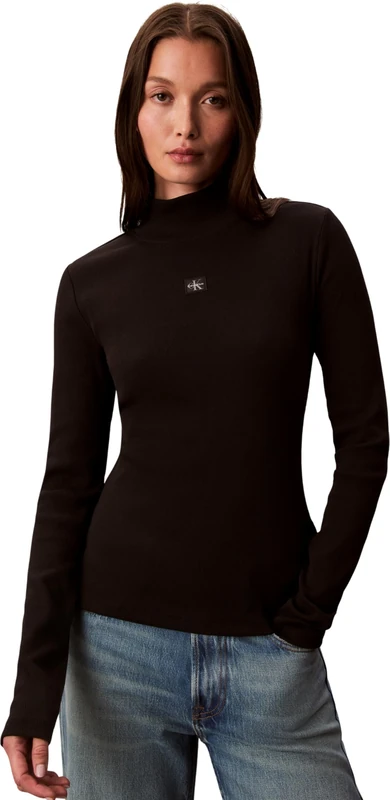 Calvin Klein Women's Long Sleeve Woven Top with Roll Neck, Black (Black), S