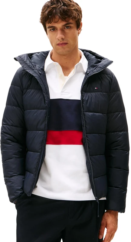 Tommy Hilfiger Men’s Mid Weight Puffer Jacket with Hood, Blue (Desert Sky), XXL