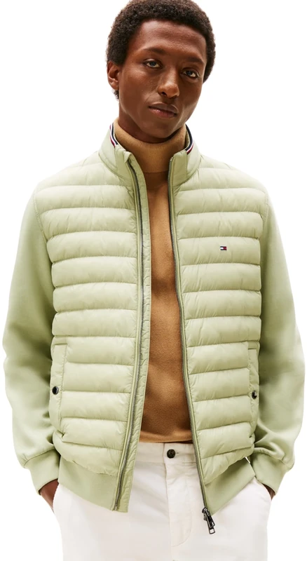 Tommy Hilfiger Men’s Stand Collar Mix Media Quilted Sweatshirt with Zip, Green (Earth Sage), S