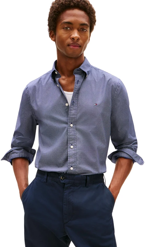 Tommy Hilfiger Men’s Flex Poplin Micro Regular Fit Shirt, Blue (Preppy Navy/Allover), XL
