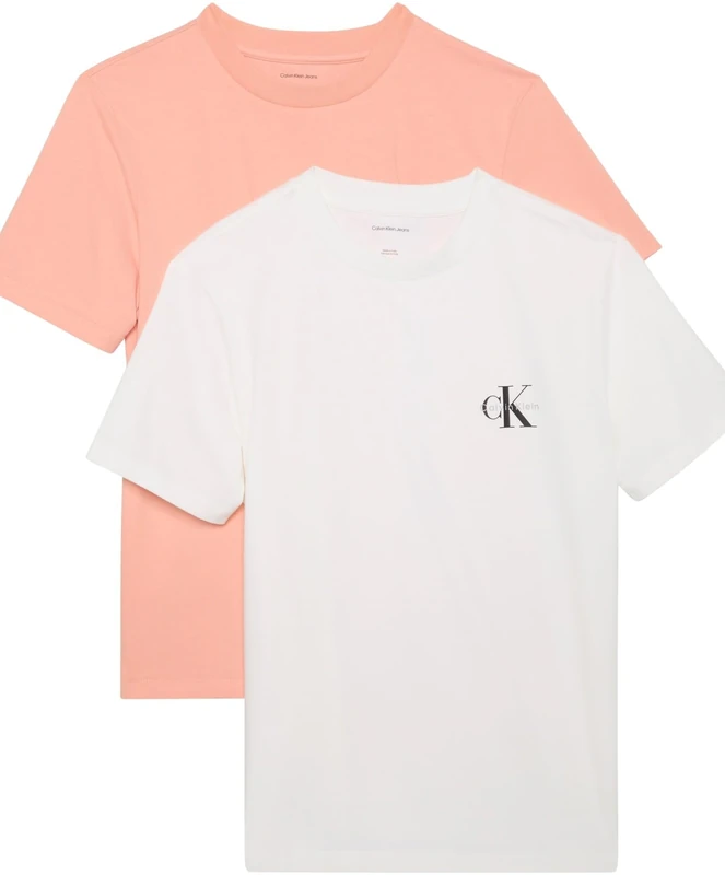 Calvin Klein Women’s 2 Pack Short Sleeve Round Neck Logo T-Shirts, Multicolor (Just Peach/Brilliant White), L