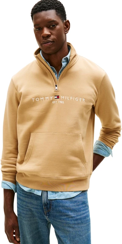 Tommy Hilfiger Men’s Logo Mock Neck Zipped Sweatshirt with Kangaroo Pocket, Beige (Timeless Camel), XXL