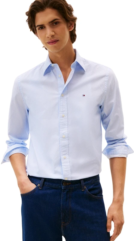 Tommy Hilfiger Men’s Flex Poplin Micro Regular Fit Shirt, Blue (Blue Spell/Allover), S