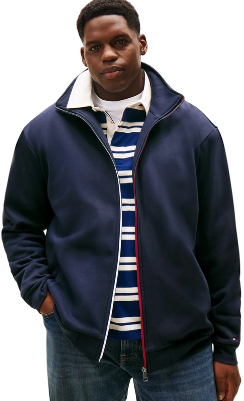 Tommy Hilfiger Men’s Global Stripe Zip Through Sweatshirt with Stand Collar, Blue (Desert Sky), 2XL
